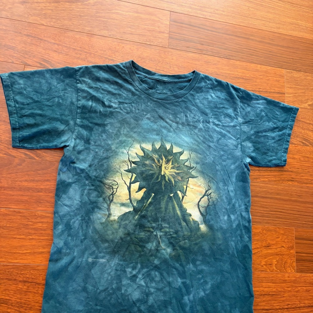 Y2K AOP Band Earthy Art Grunge Graphic Faded Tie Dye T-Shirt Blue Cotton Size L